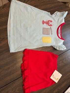 Trotter Street Kids Girls Striped Tee with Red Ruffle Shorts - Blue, White & Red